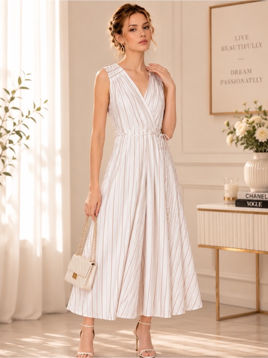 Calvin Klein Dresses & Skirts - Calvin Klein Cream and White Striped Wrap Midi Dress